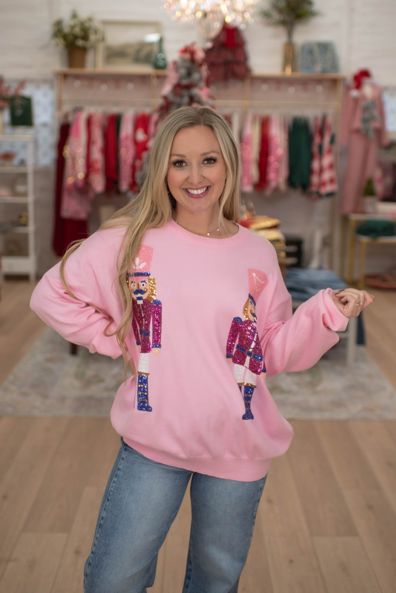 Pink Sequins Nutcracker Embroidered Sweater