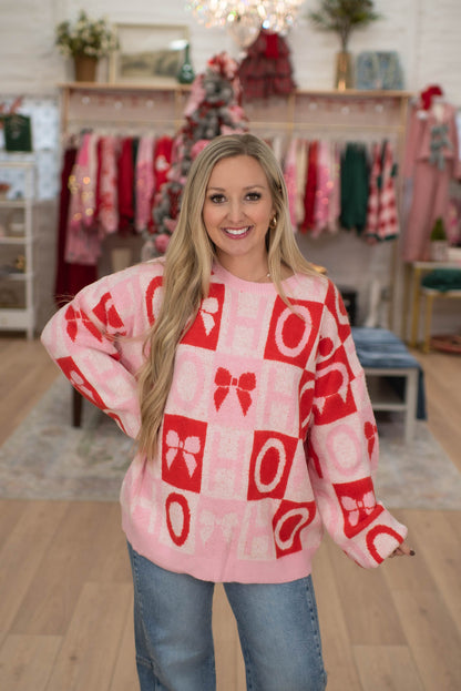Pink Bow Checker Print Sweater