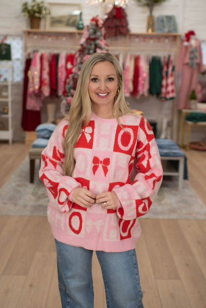 Pink Bow Checker Print Sweater