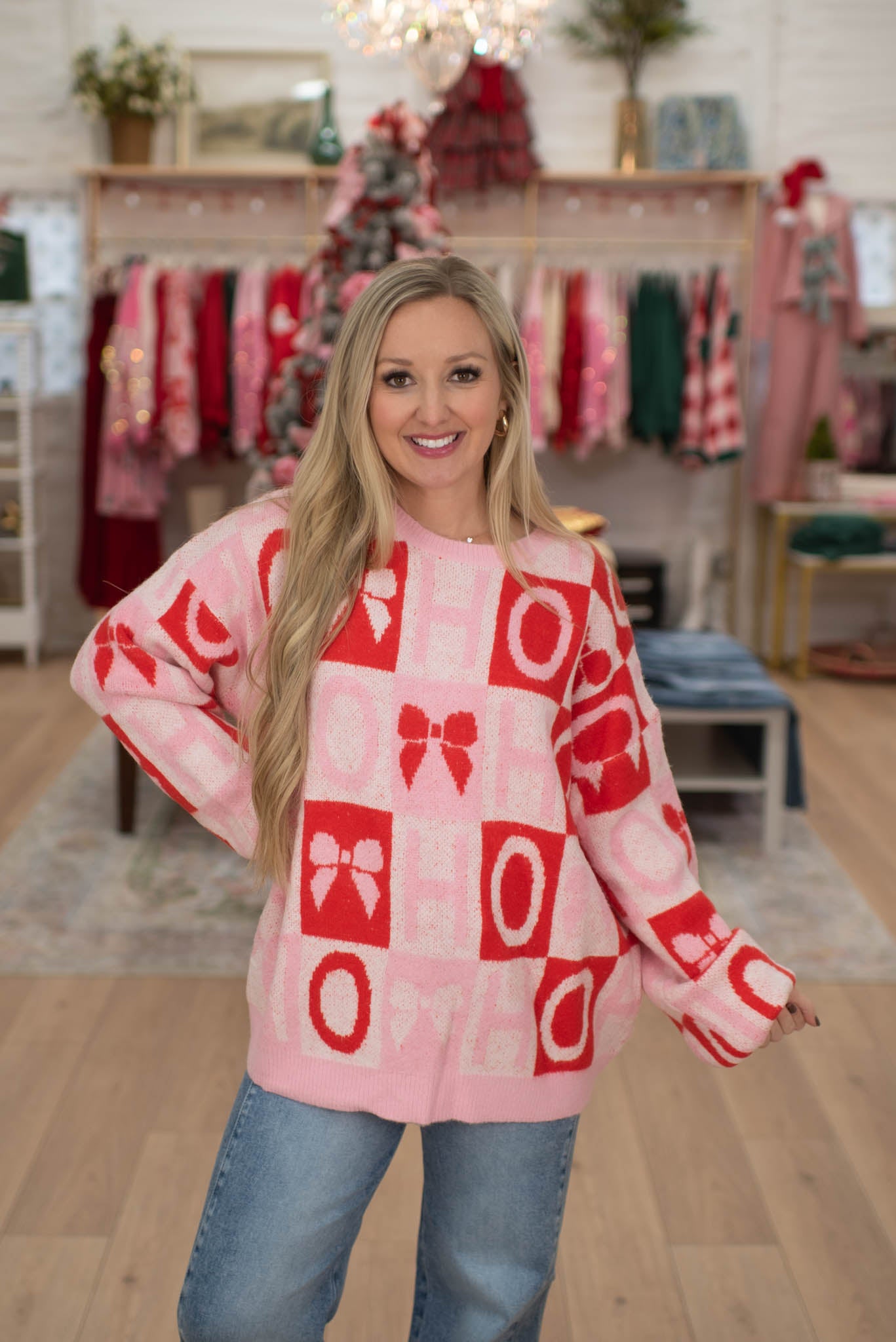 Pink Bow Checker Print Sweater