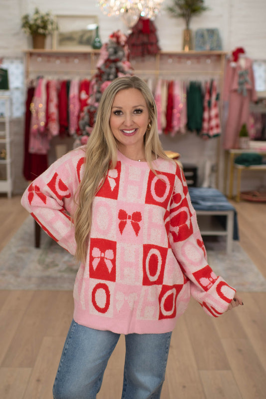 Pink Bow Checker Print Sweater