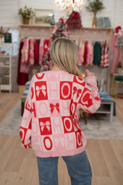 Pink Bow Checker Print Sweater