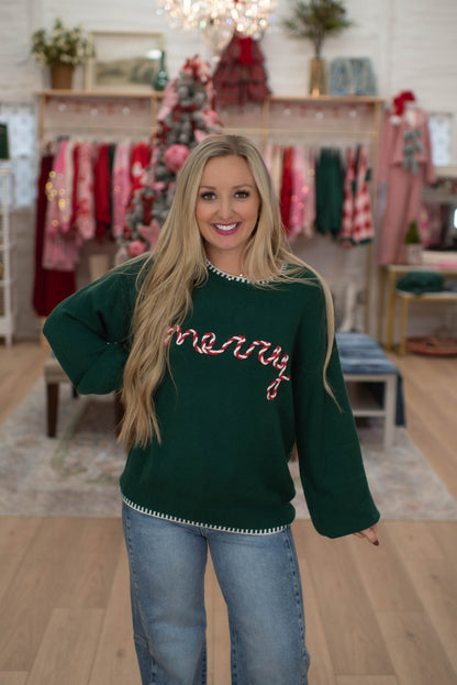 Hunter Green Merry Embroidered Sweater