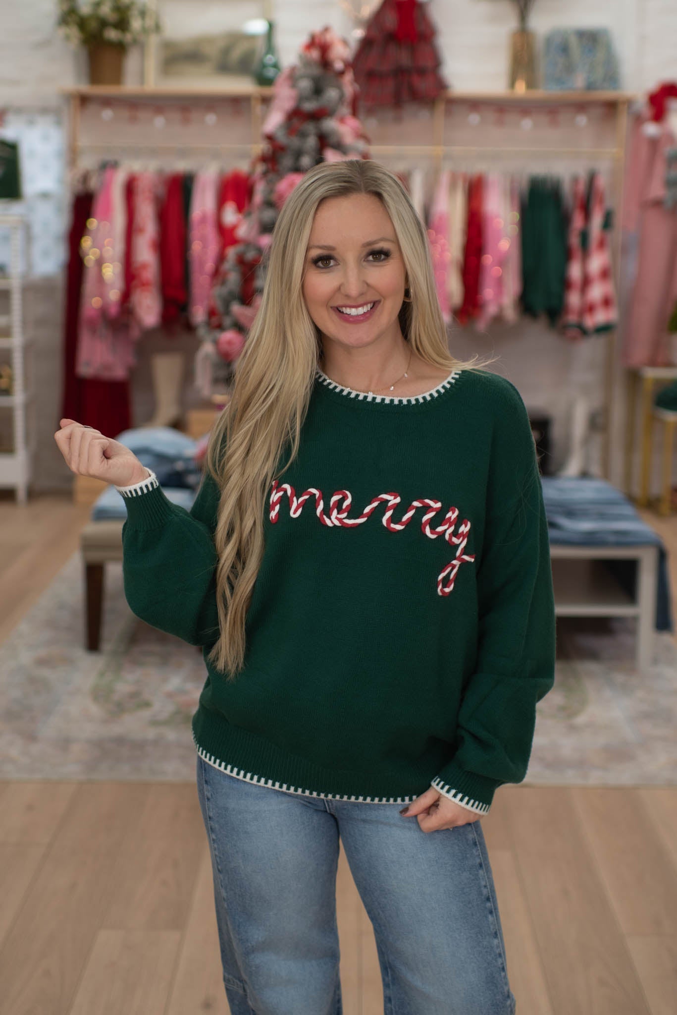 Hunter Green Merry Embroidered Sweater
