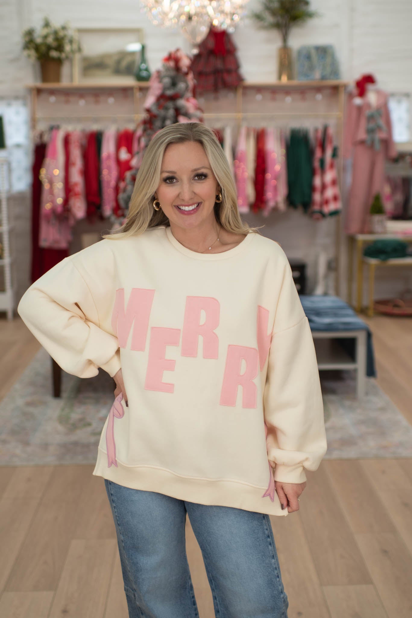 Cream/Pink Merry Patch Sweater