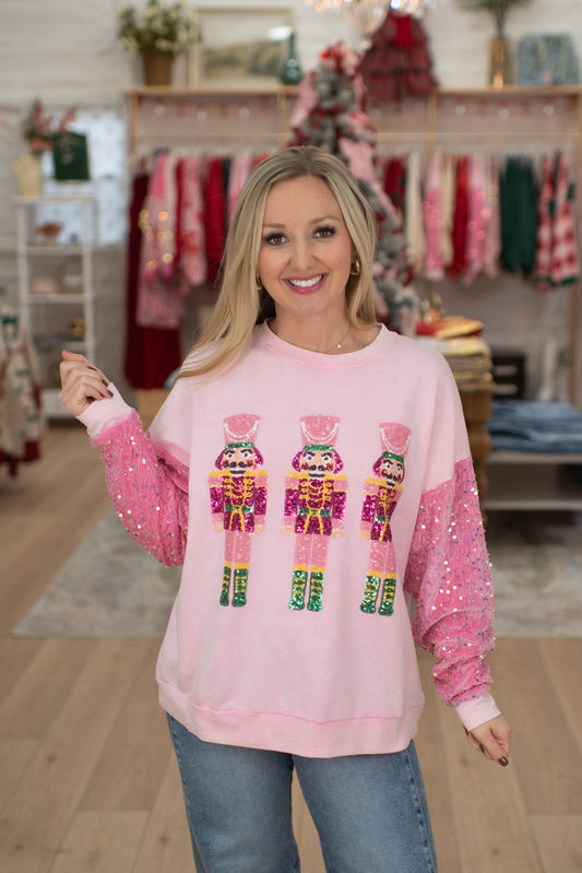Pink Sequin Nutcrackers Velvet Sweater
