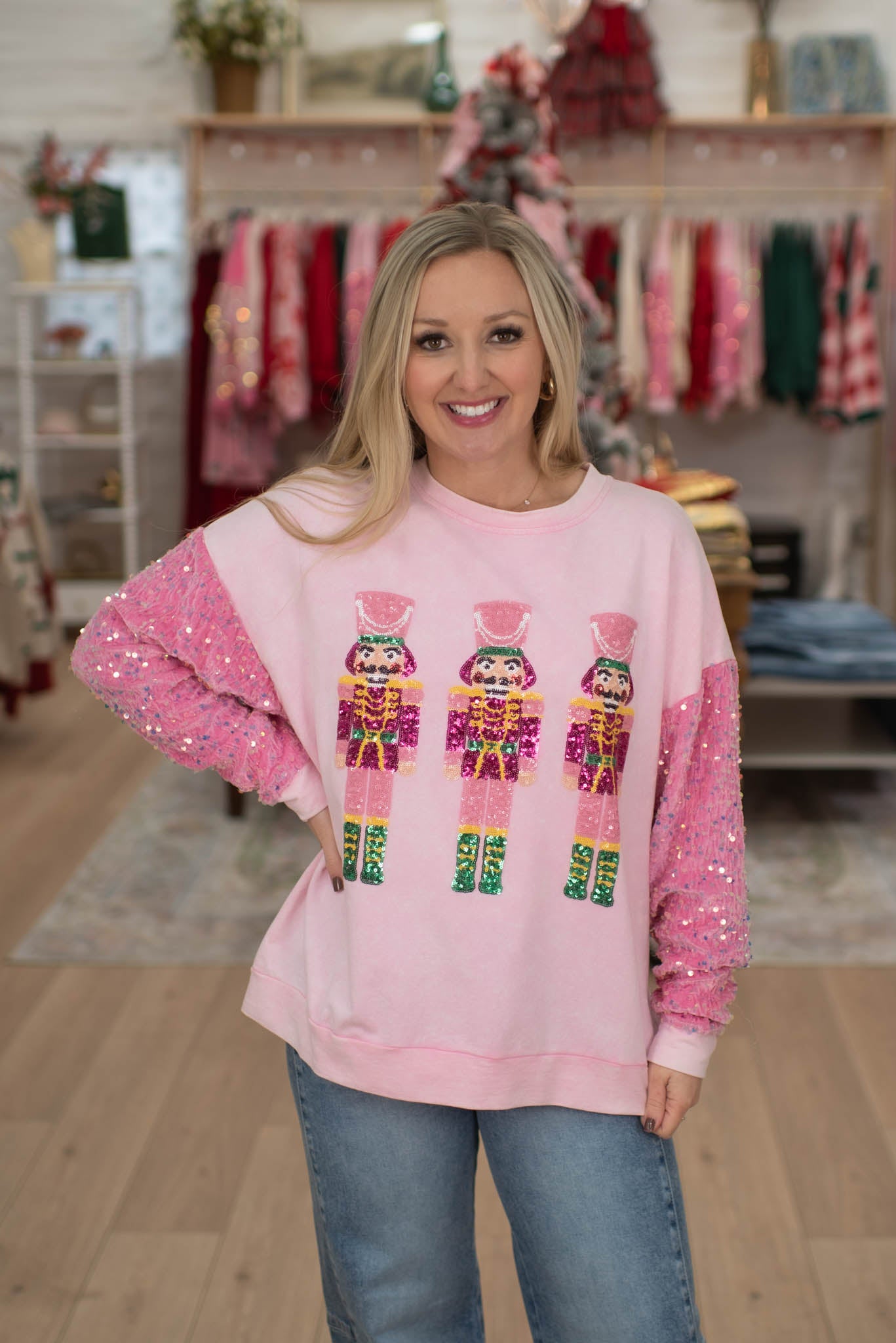 Pink Sequin Nutcrackers Velvet Sweater