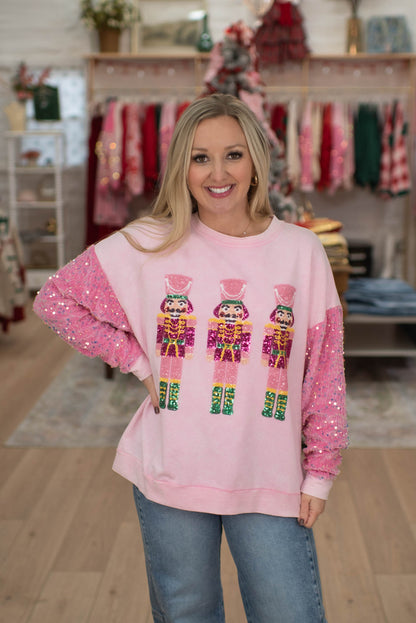 Pink Sequin Nutcrackers Velvet Sweater