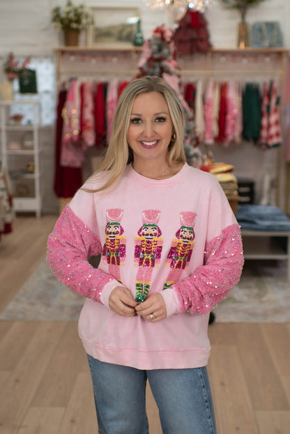 Pink Sequin Nutcrackers Velvet Sweater