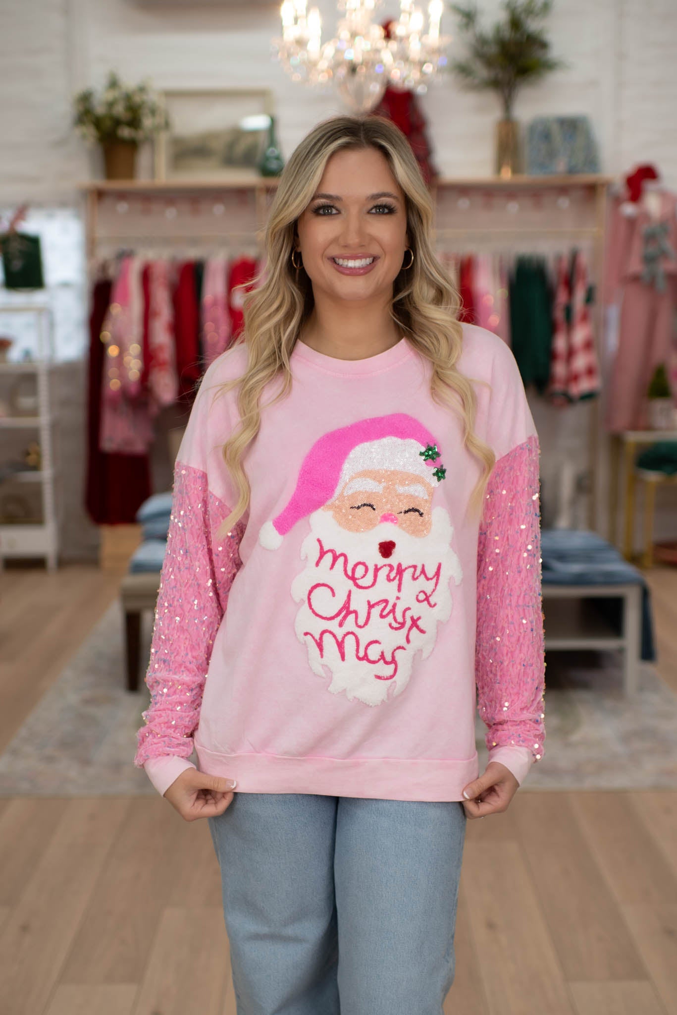 Pink Velvet Sequins Santa Sweater