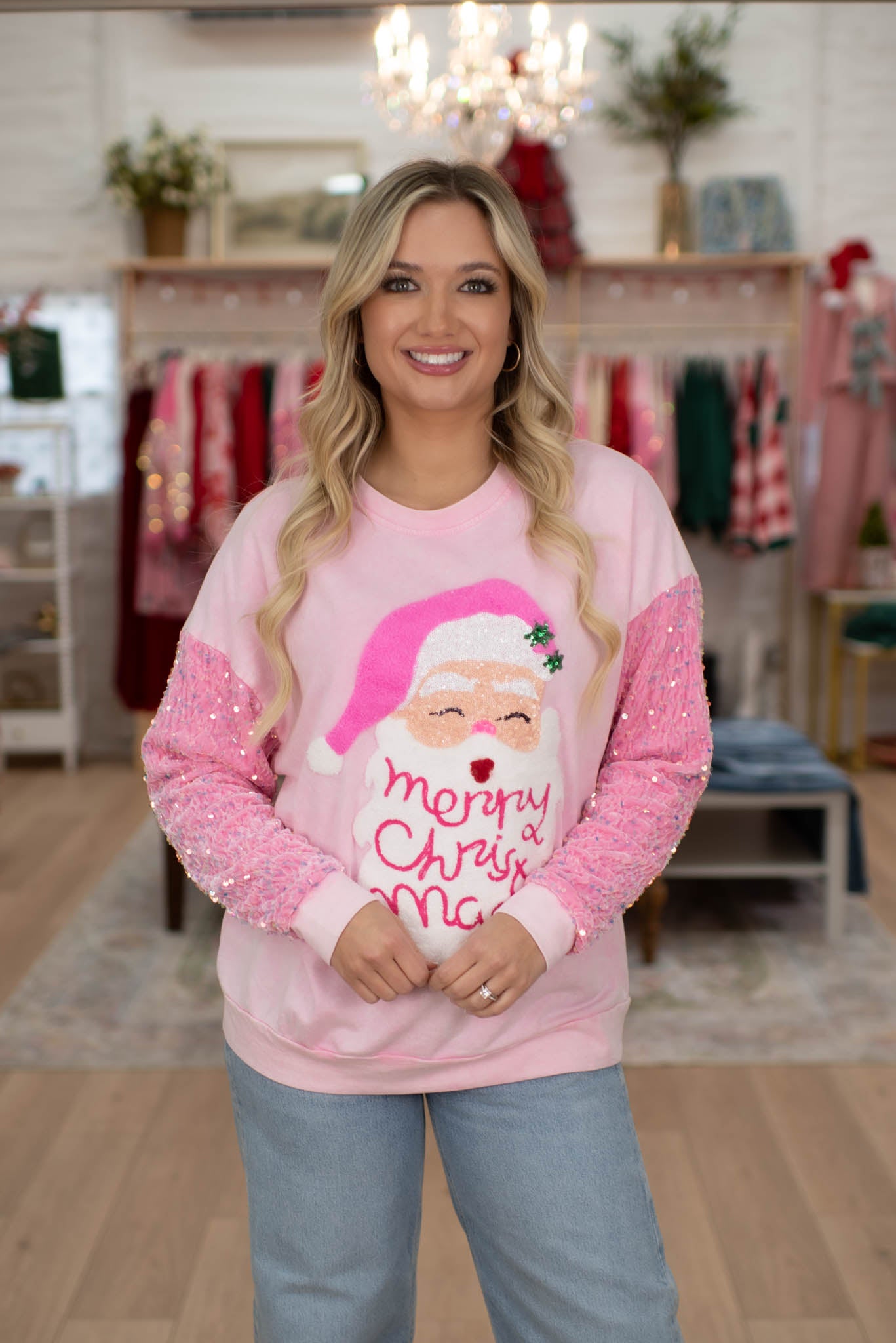 Pink Velvet Sequins Santa Sweater