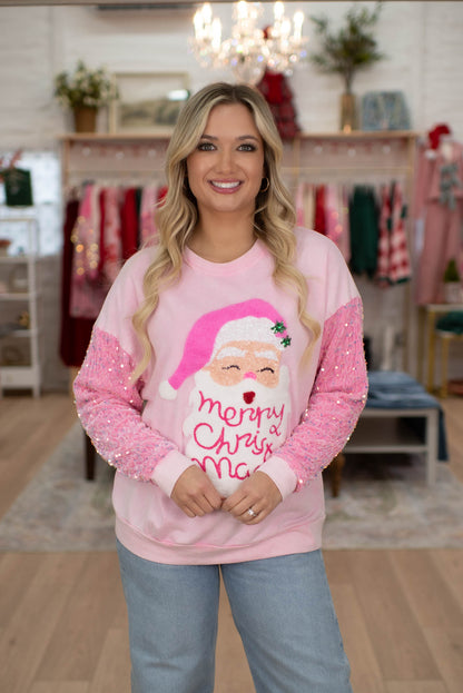 Pink Velvet Sequins Santa Sweater