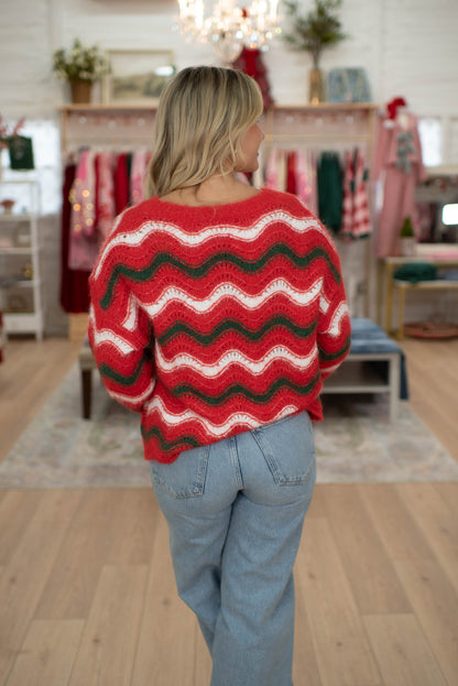 Red Wavy Stripes Christmas Sweater