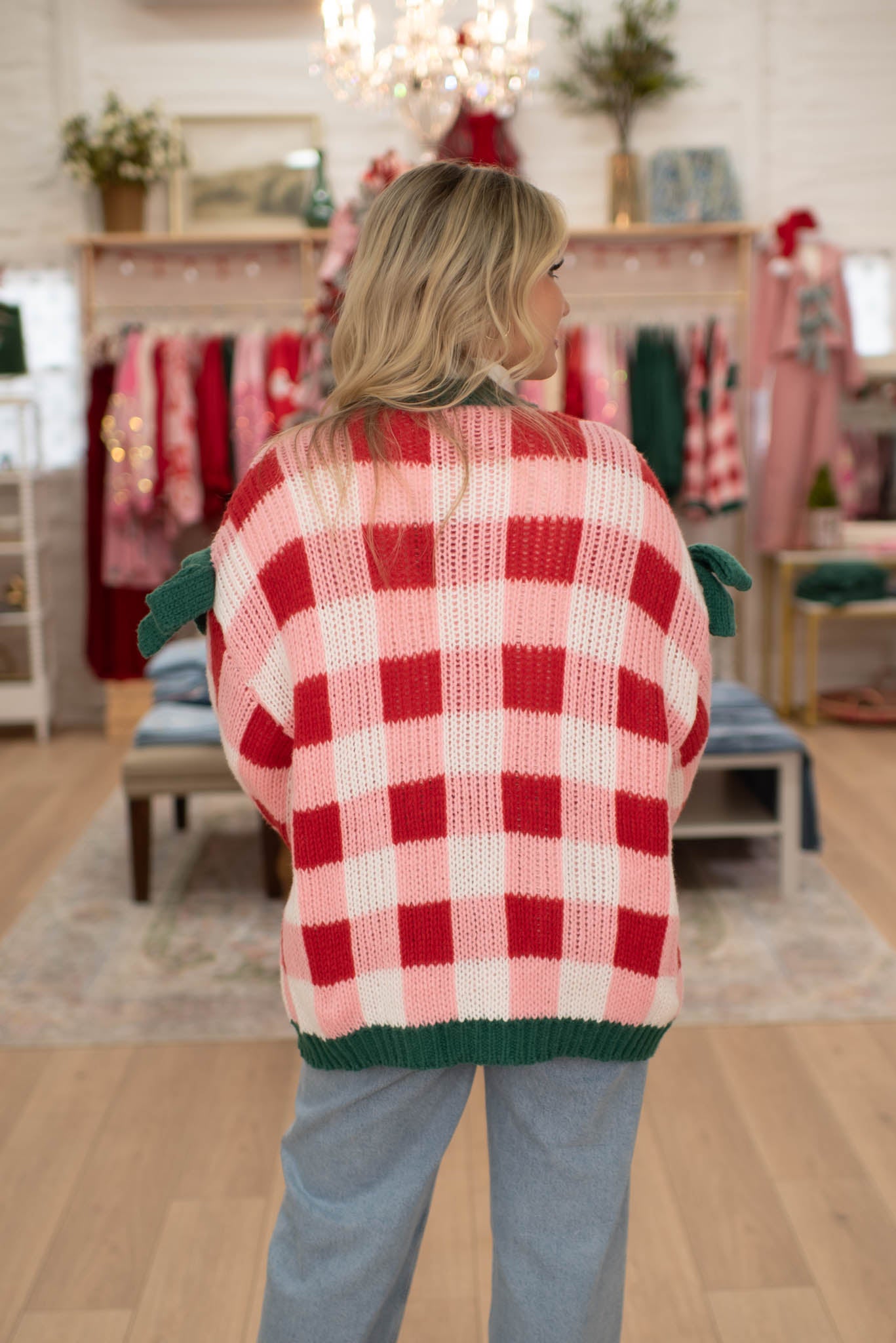 Pink/Red Checkered Bow Cardigan