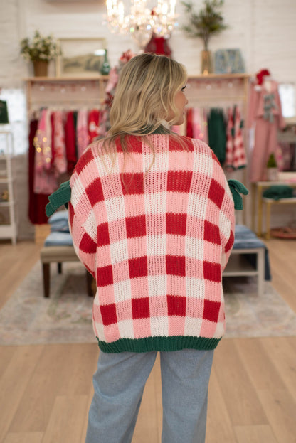 Pink/Red Checkered Bow Cardigan