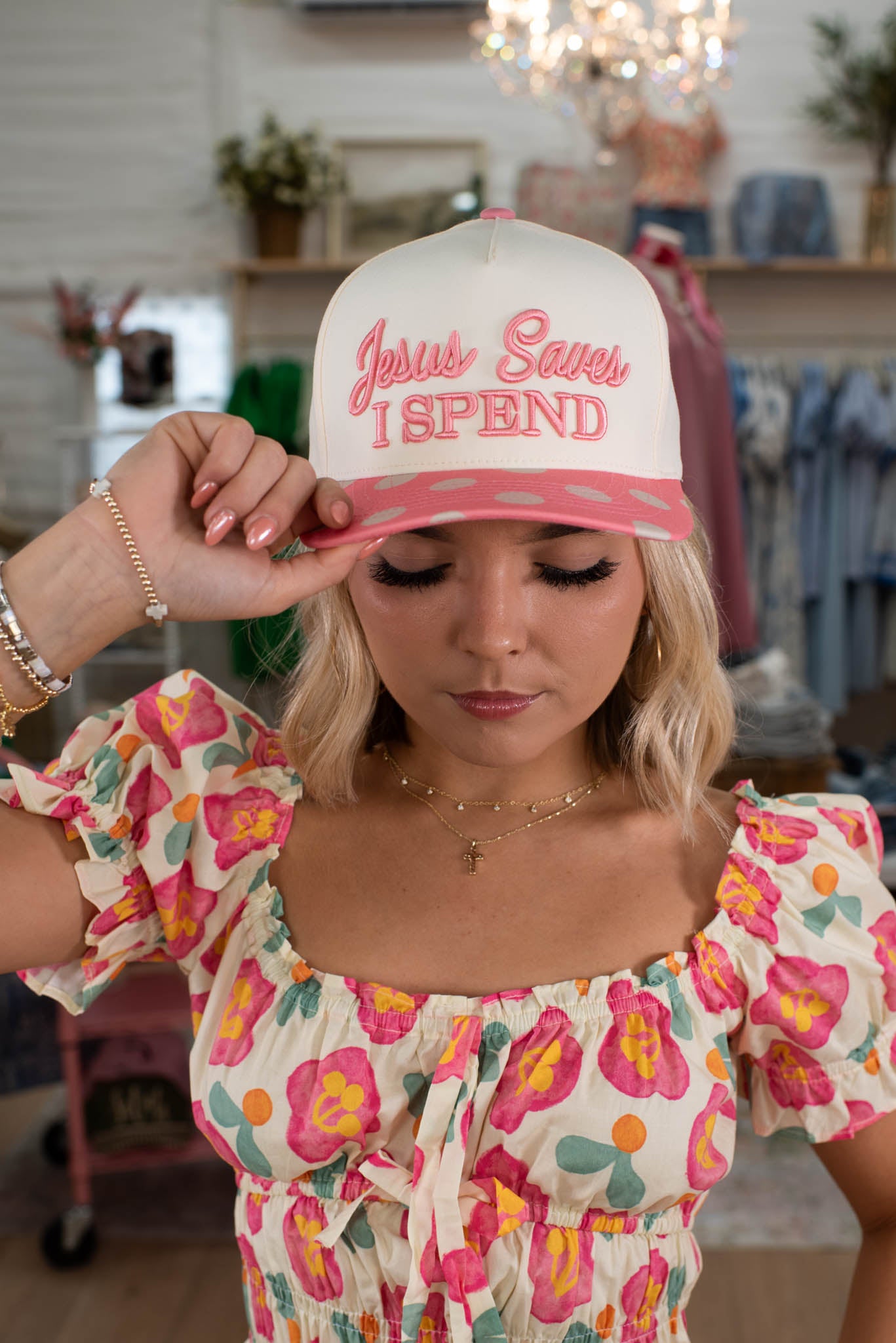 Polka Dot Pink Jesus Saves I Spend Hat