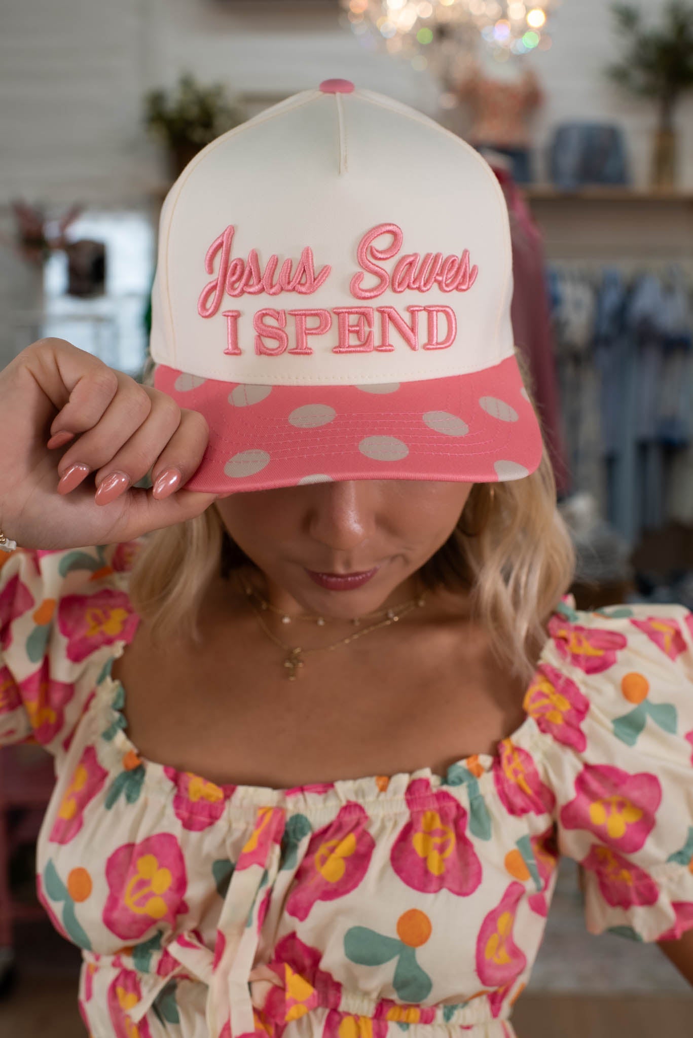 Polka Dot Pink Jesus Saves I Spend Hat