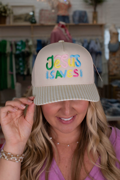Taupe Striped Jesus Saves Embroidered Hat