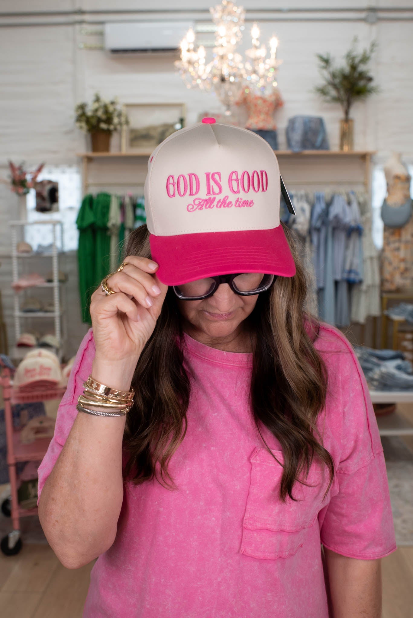 God Is Good All The Time Pink Embroidered Hat