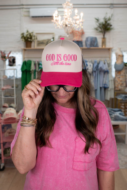 God Is Good All The Time Pink Embroidered Hat
