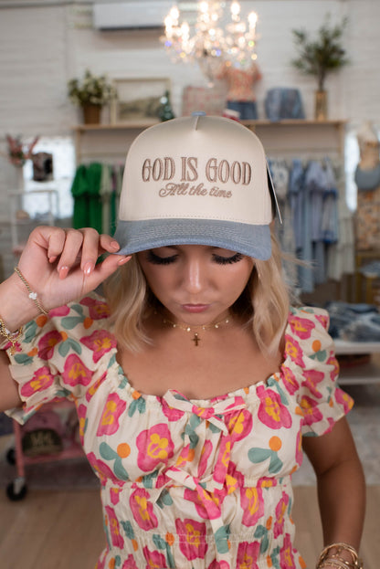 God Is Good All The Time Denim Embroidered Hat