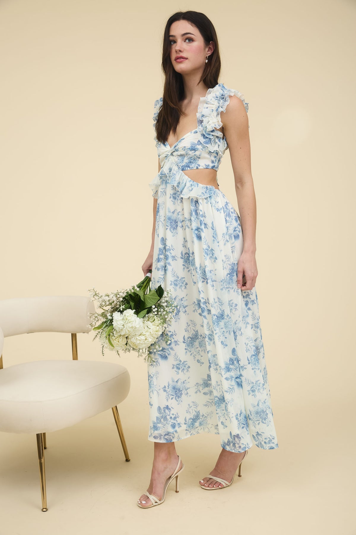 Blue Floral Ruffle Maxi Dress