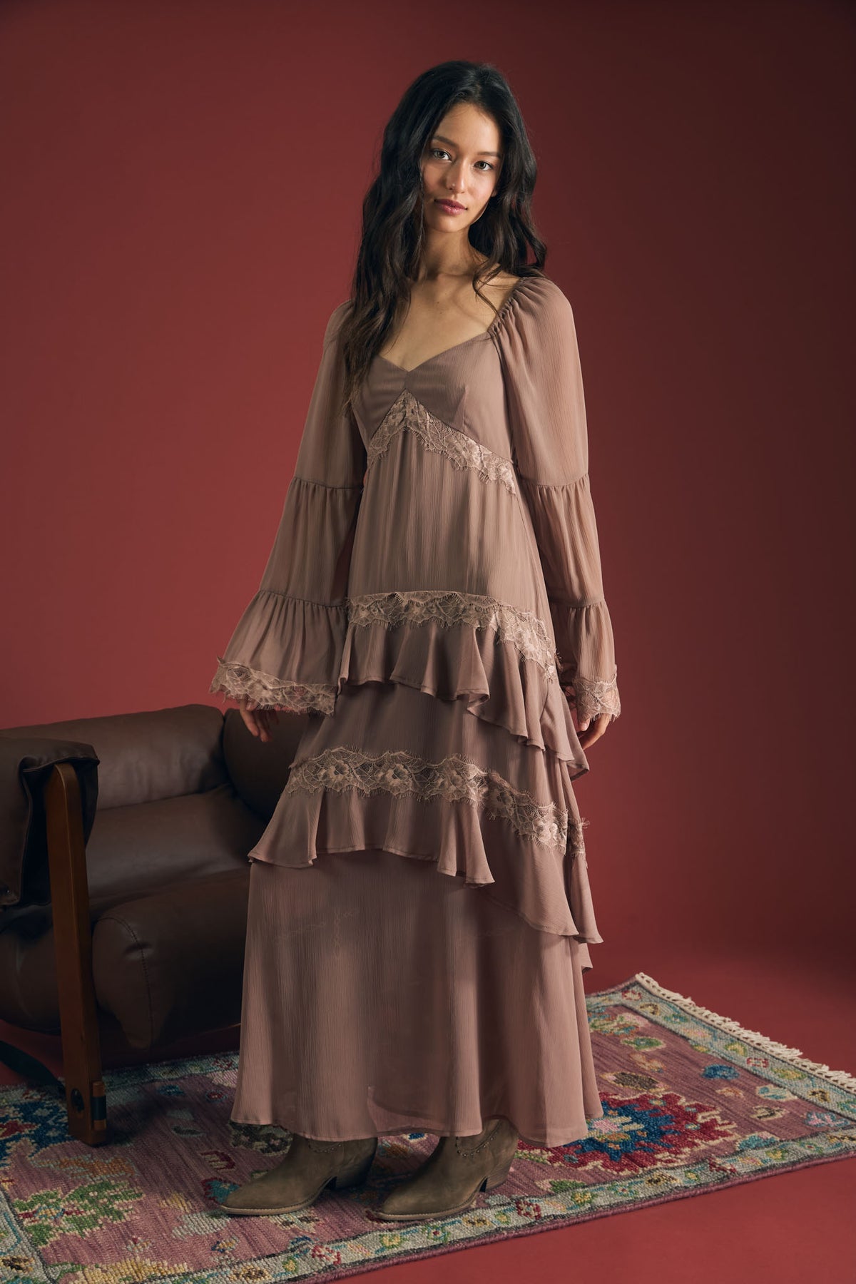 Vintage Mocha Lace Midi Dress