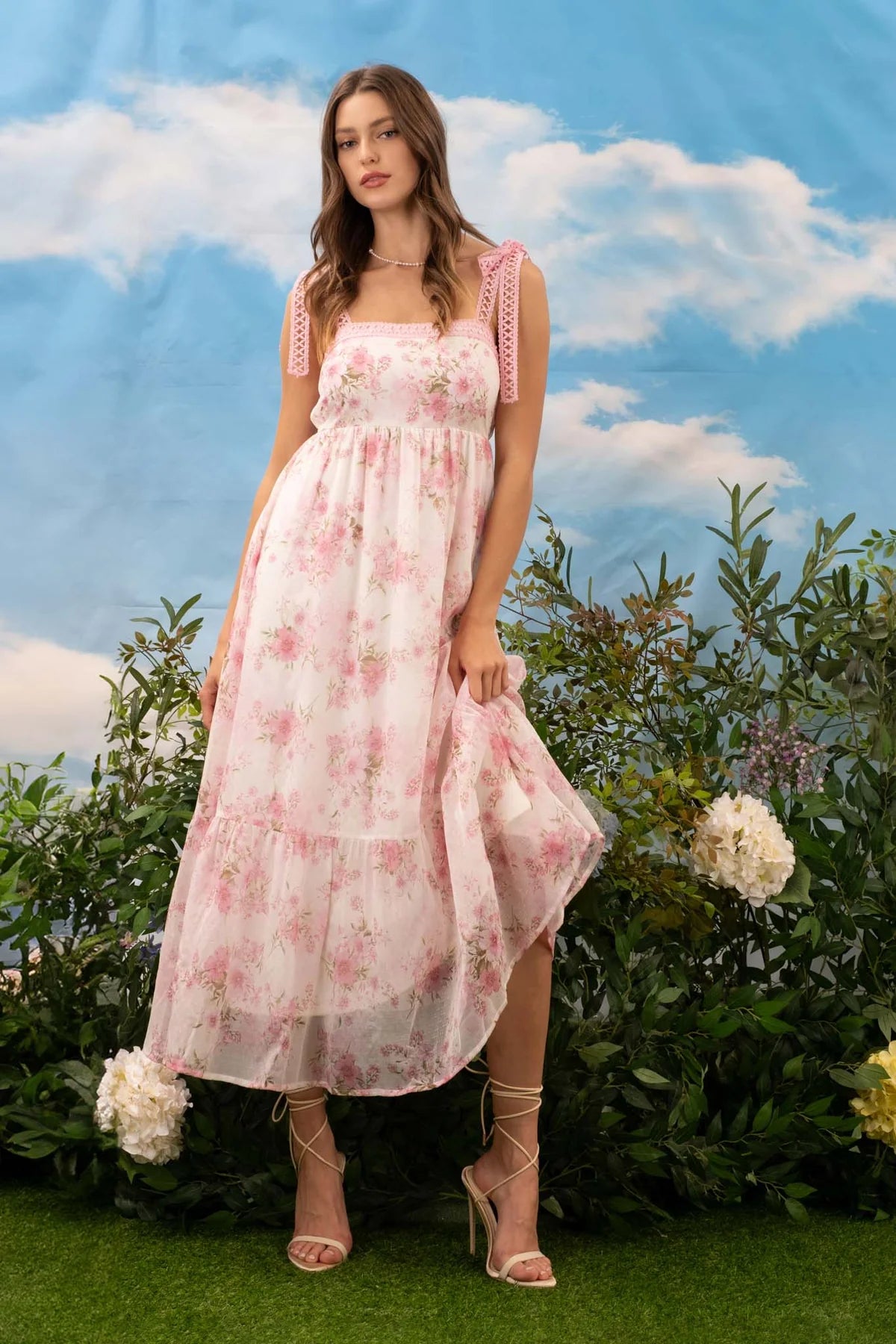 Pink Floral Crochet Strap Maxi