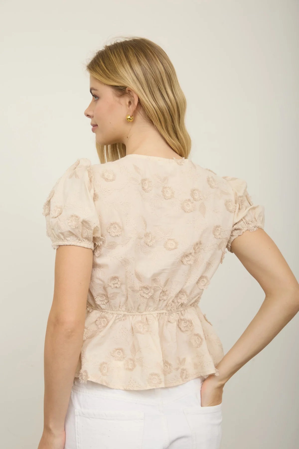 Taupe Petal Peplum Embroidered Top