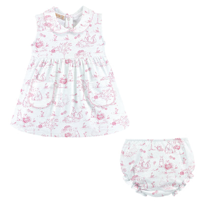 Pink Toile Bunnie Dress W/Pockets