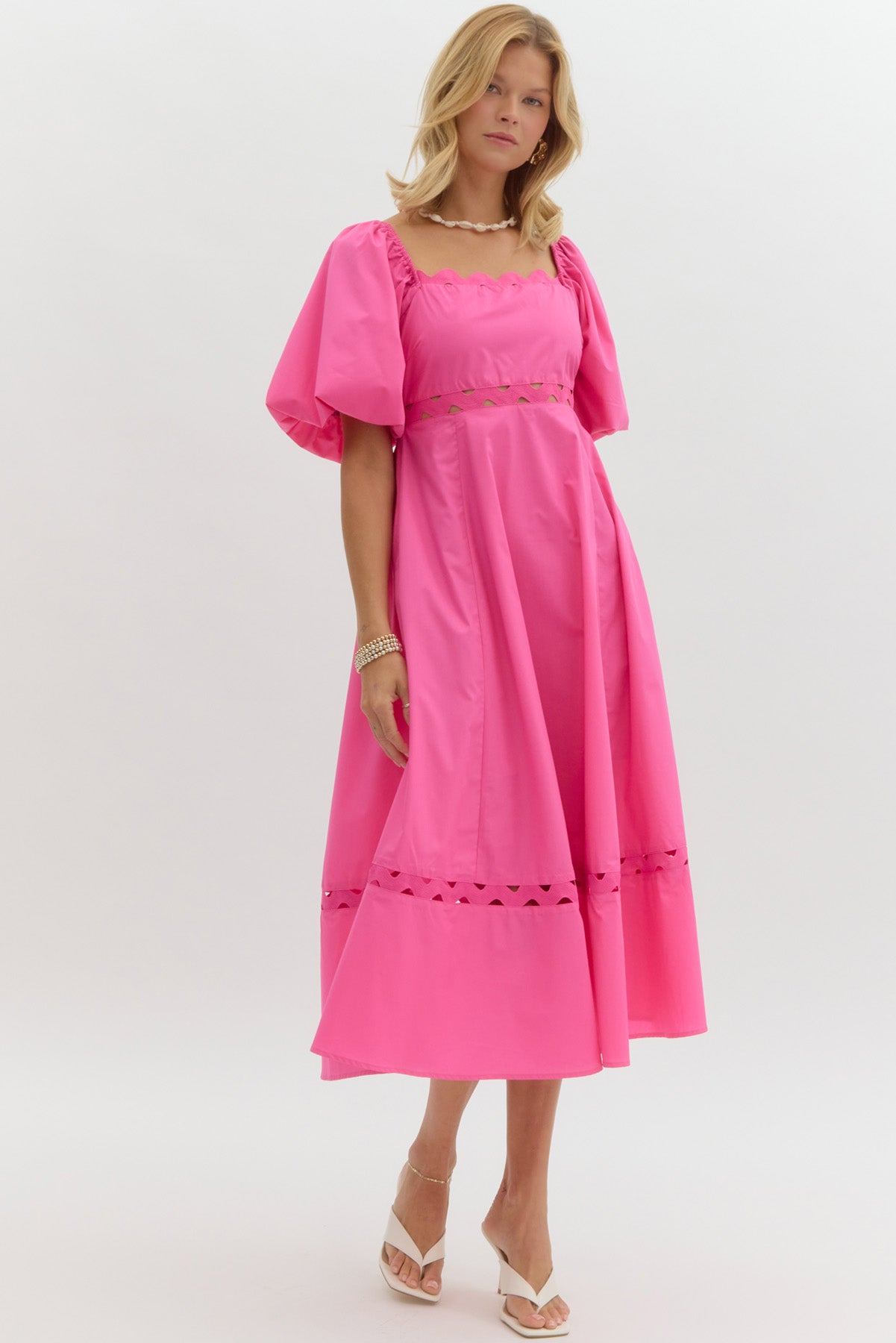 Pink Puff Sleeve Midi Dress