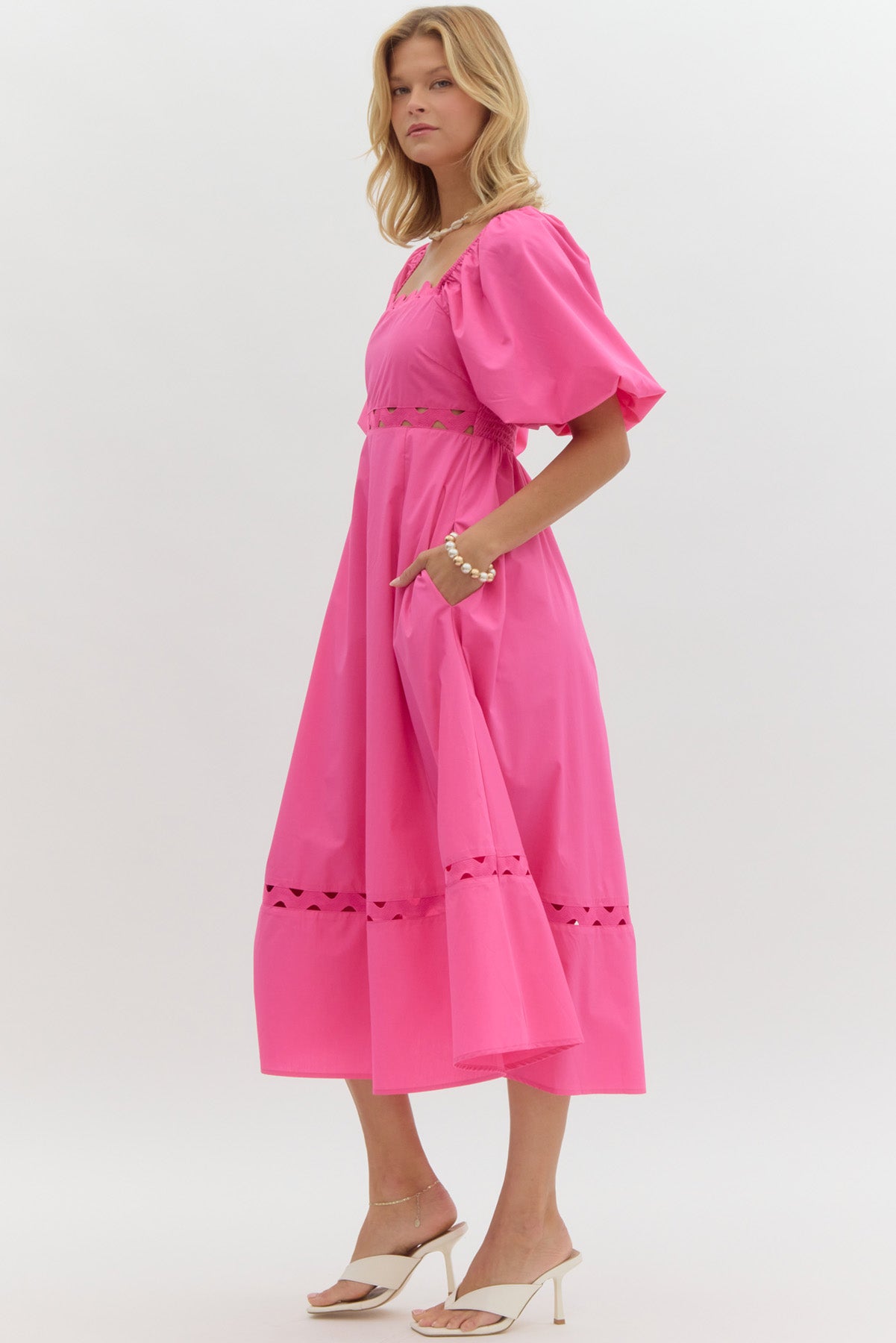 Pink Puff Sleeve Midi Dress