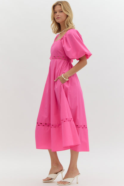Pink Puff Sleeve Midi Dress