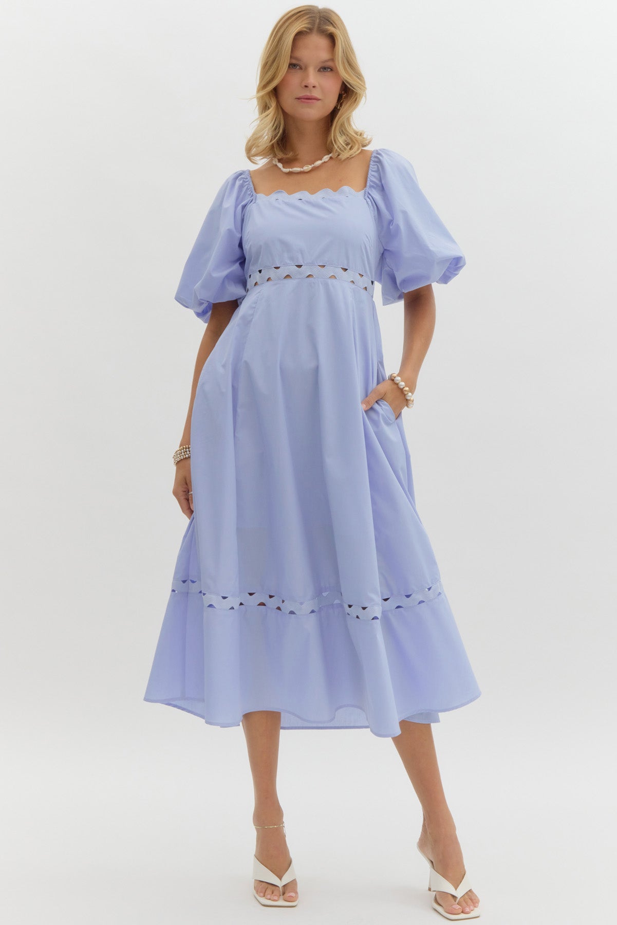 Blue Puff Sleeve Midi Dress