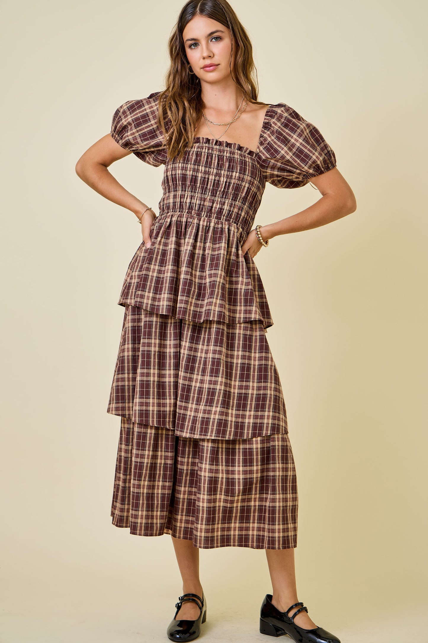 Pecan Pie Plaid Tiered Dress