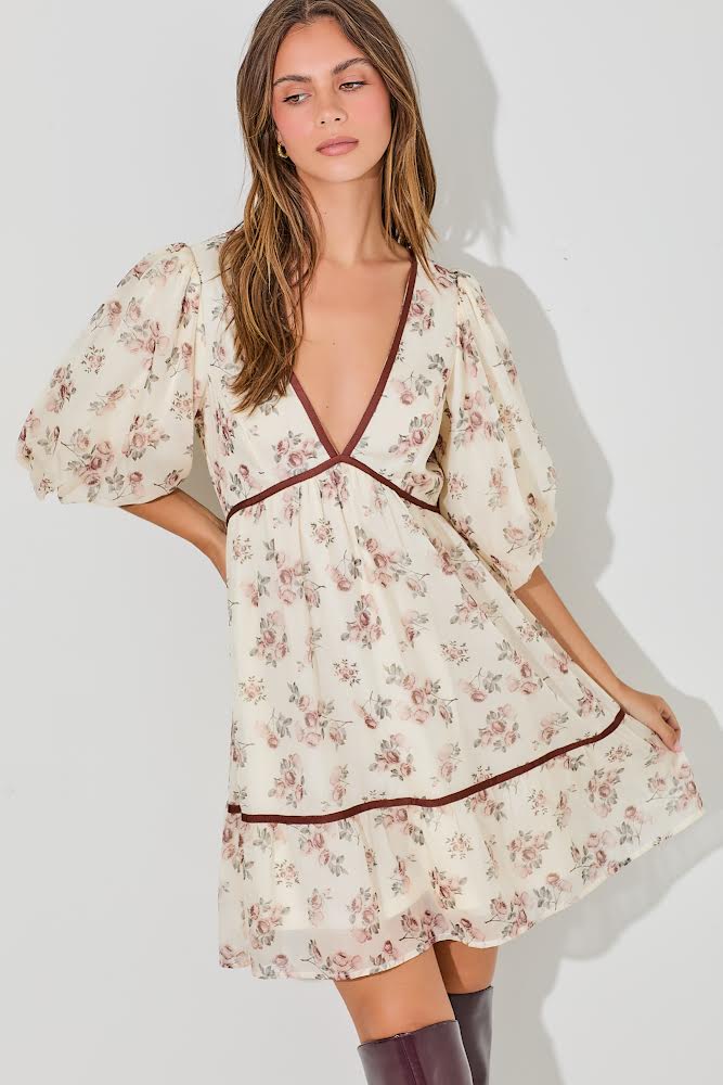 Cream/Burgundy Floral V Neck Dress