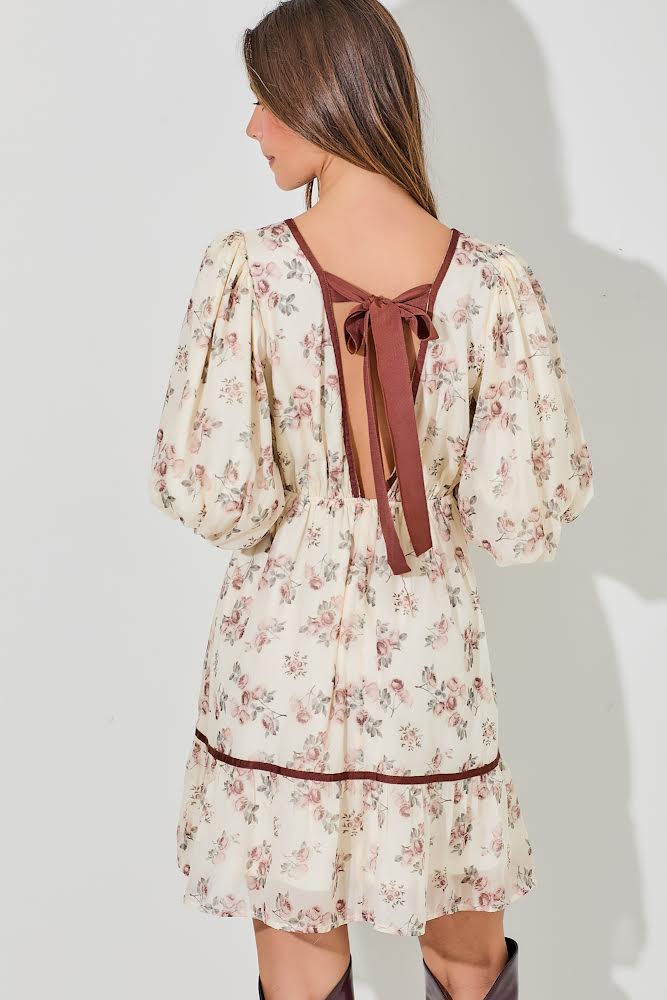 Cream/Burgundy Floral V Neck Dress