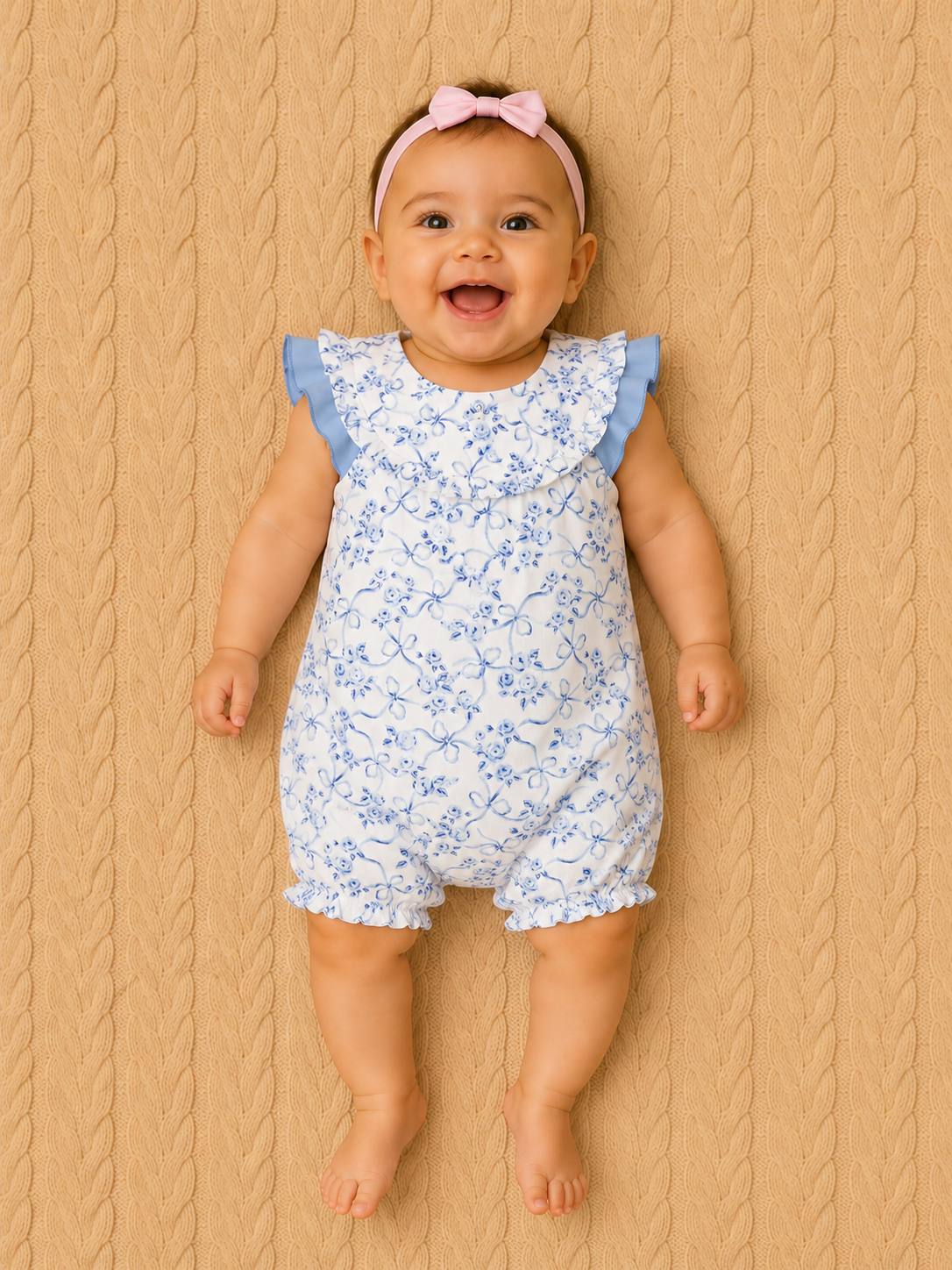 Blue Toile Romper W/Ruffles