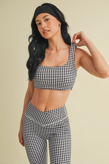 Black Gingham Print Sports Bra