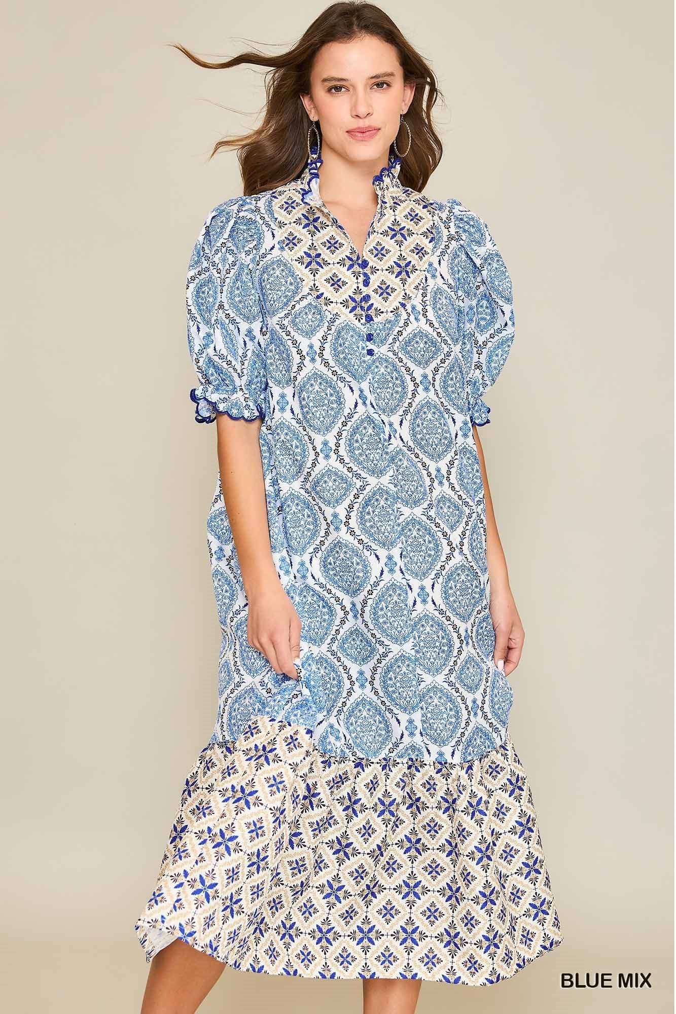 Blue Floral Printed Midi Dress