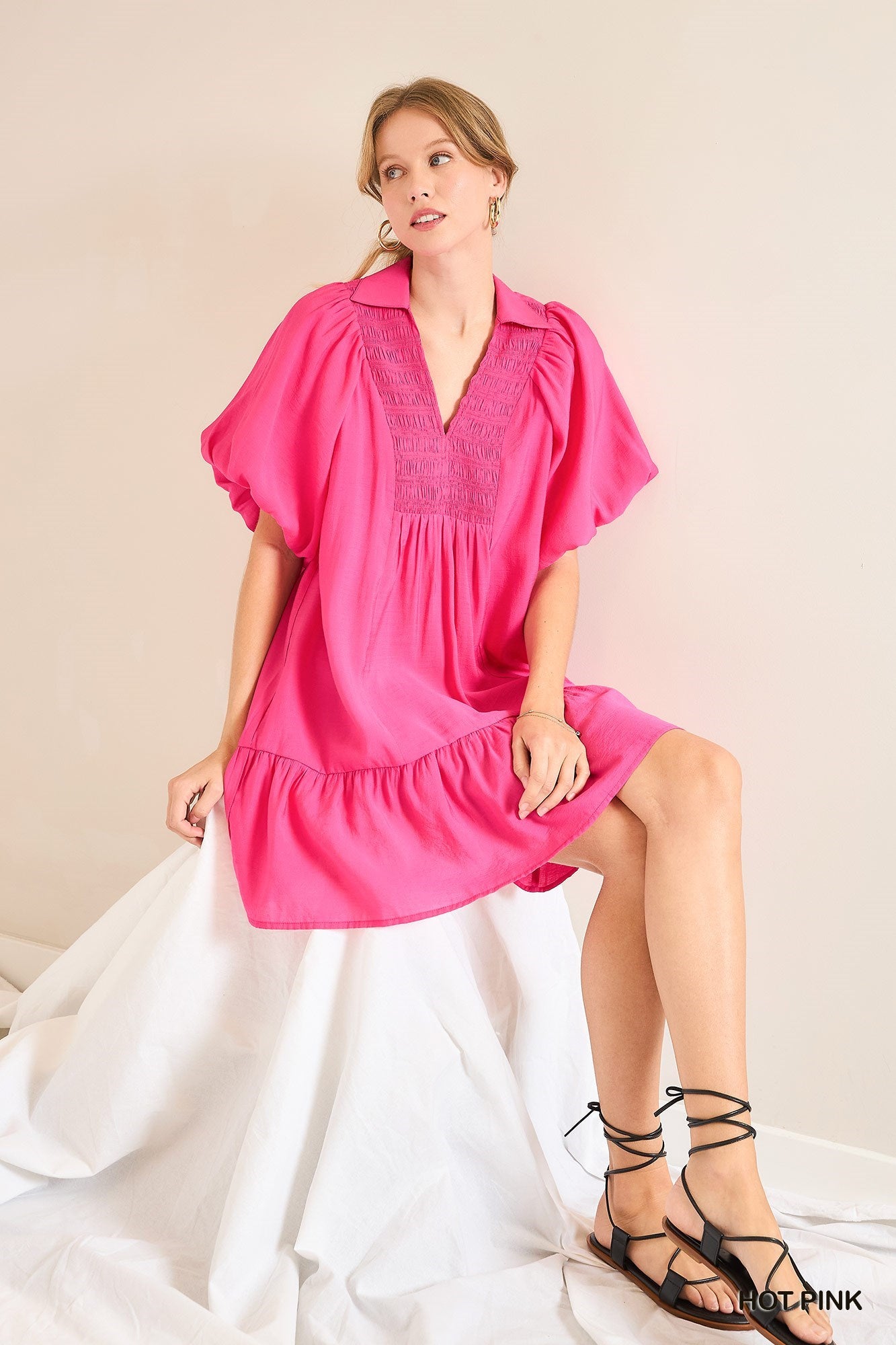 Hot Pink Smocked Babydoll Dress
