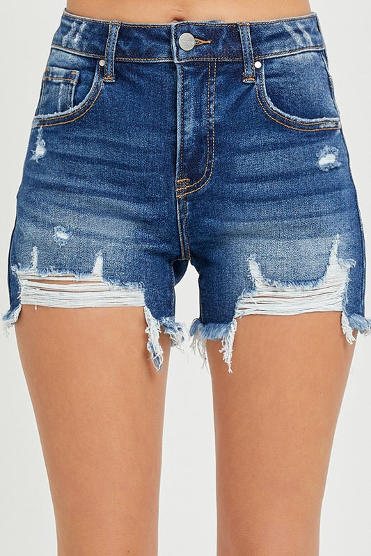 Dark Wash High Rise Distressed Shorts