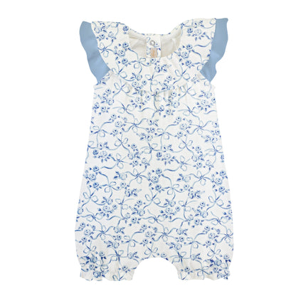 Blue Toile Romper W/Ruffles