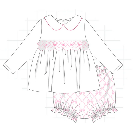 Girls Pink Bow Smocked Set