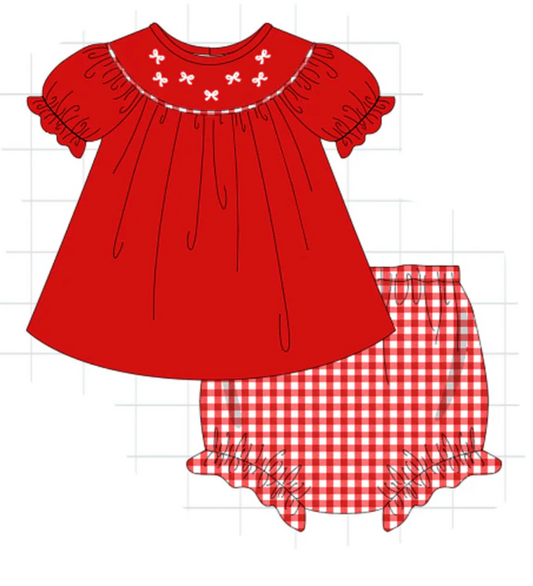 Red Bow Embroidered Velvet Bloomer Set