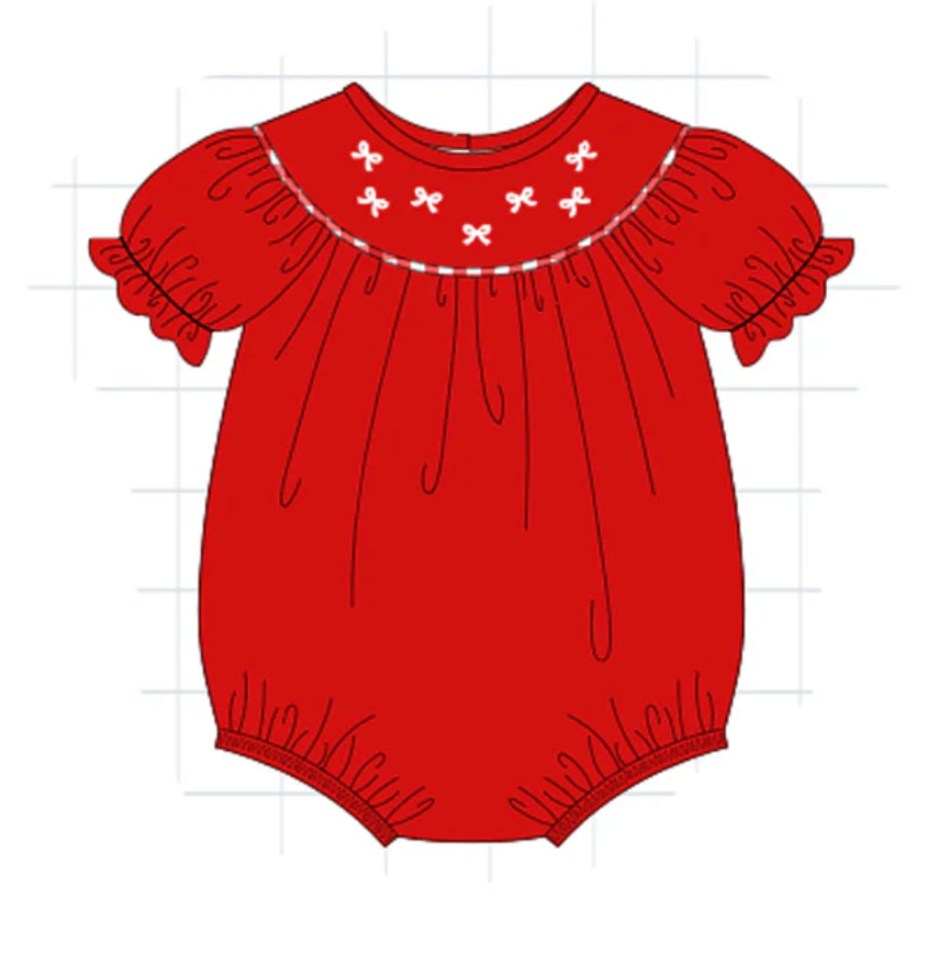 Red Embroidered Bow Velvet Onesie