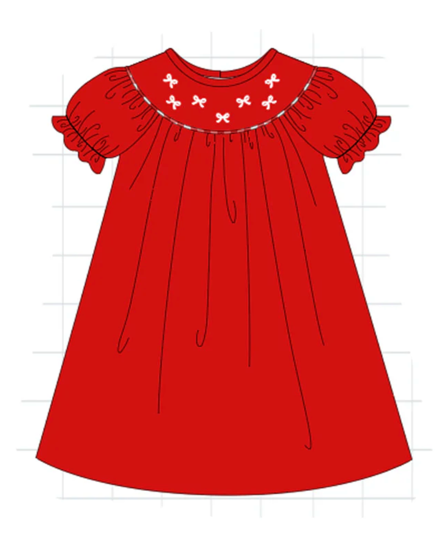 Red Bow Embroidered Velvet Dress