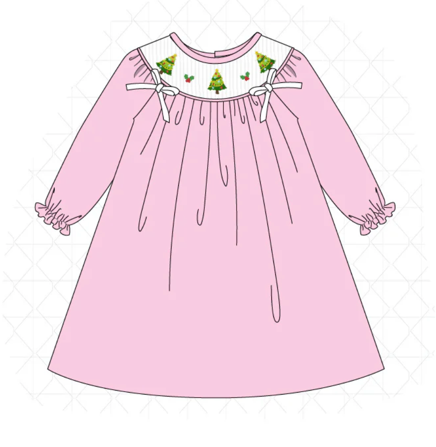 Pink Christmas Tree Embroidered Dress