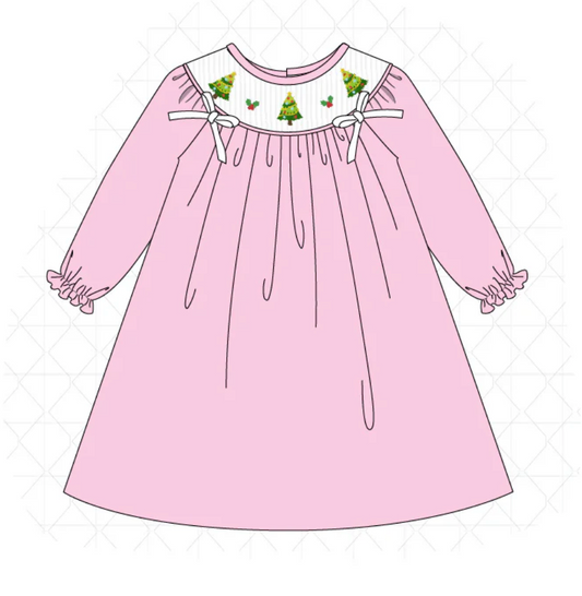 Pink Christmas Tree Embroidered Dress