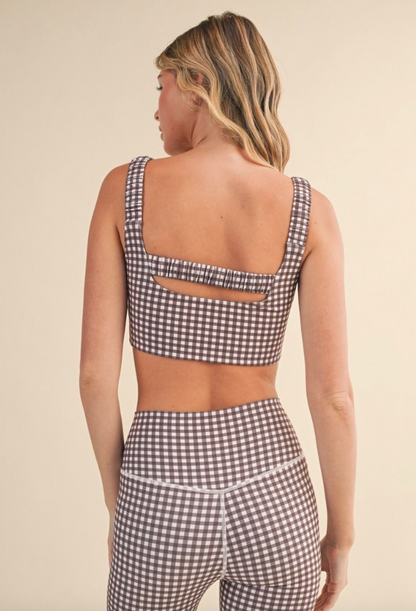 Brown Gingham Print Sports Bra